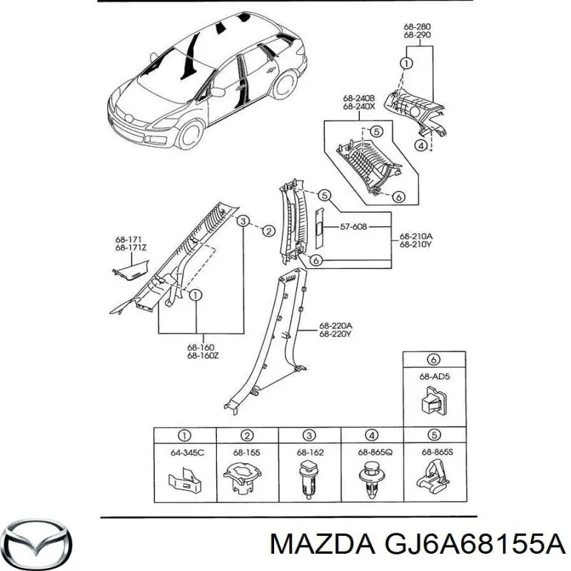 Tłok (klips) podszybia słupka nadwozia Mazda 6 (GG)