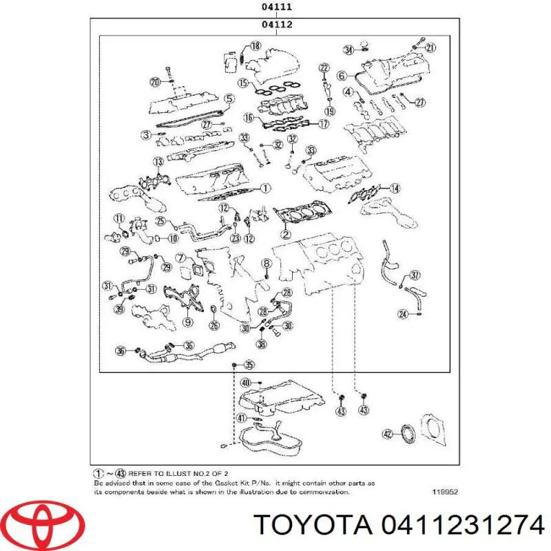 0411231274 Toyota zestaw uszczelek silnika górny